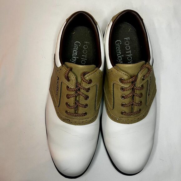 FootJoy Greenjoys Golf Shoes Mens Sz 8.5W White and Tan Lace Spikes Athletic - Picture 7 of 11